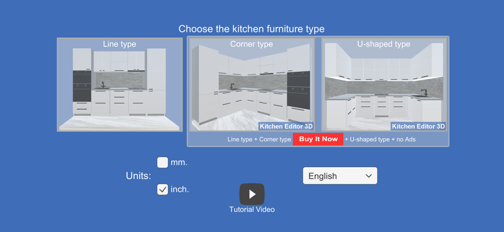 Interface of the Kitchen Editor Line app showing kitchen layout choices and unit selection in inches