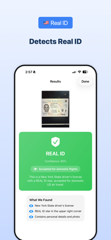 RealID Check - RealID Check app results screen showing a verified New York State driver license compliant for domestic US air travel