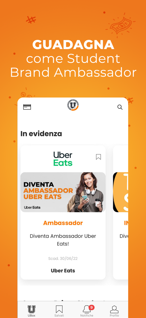 Universitybox.com - Universitybox app interface displaying student brand ambassador opportunities with Uber Eats.