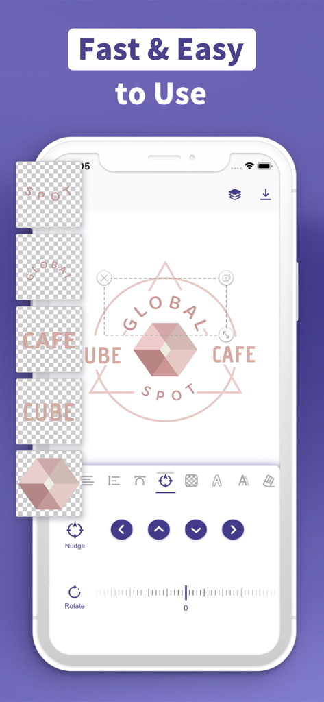 Logo Maker & Creator - Logokit - Logokit mobile app interface showing professional logo editing tools and layer management