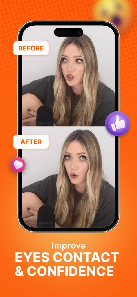 Teleprompter Video Script Pro - Before and after comparison of a creator looking into the camera lens with the Teleprompter Video Script Pro app