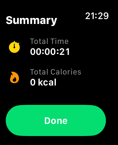 Voleo - VoleoアプリのApple Watchインターフェース、総時間と消費カロリーを含む試合概要を表示