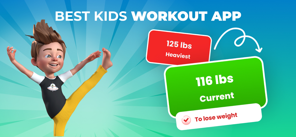 Interface do aplicativo Kids Workout mostrando o progresso de perda de peso de 125 lbs para 116 lbs com um personagem de desenho animado