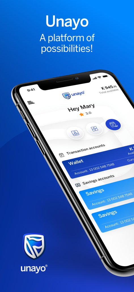 Unayo - Unayo mobile app dashboard displaying digital wallet and savings account details