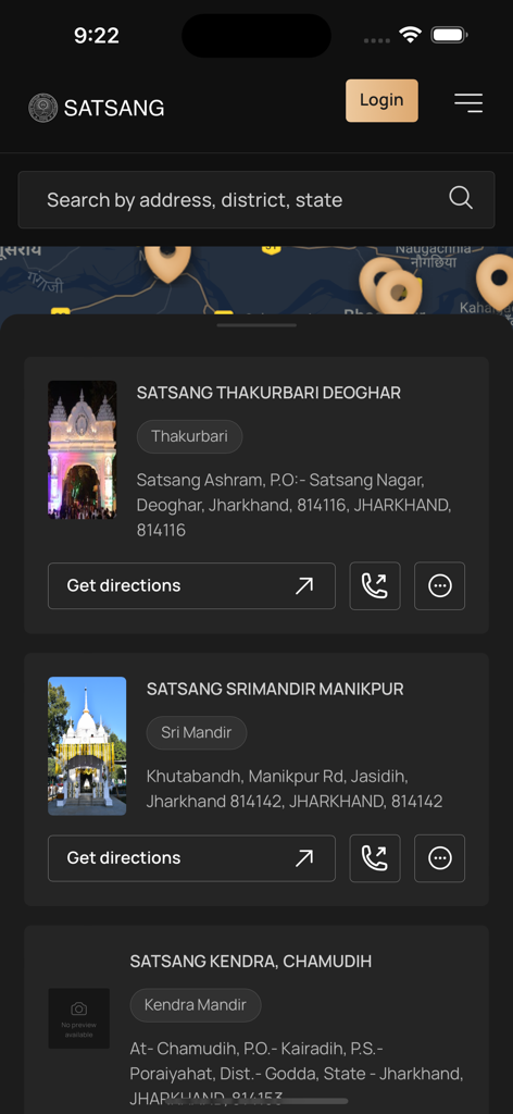 Satsang Official - Satsang Official app interface showing a list of spiritual centers with addresses and navigation options