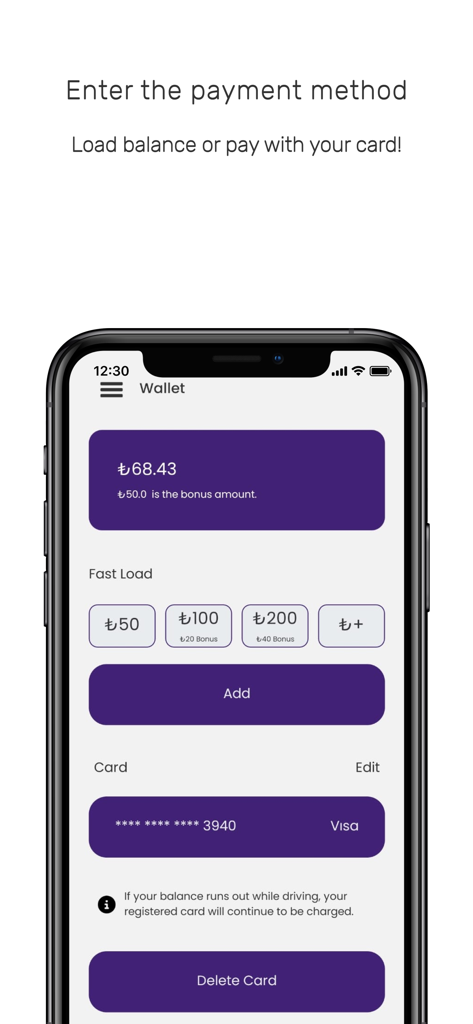 Tornet Scooter - Tela de carteira no aplicativo Tornet Scooter mostrando gerenciamento de saldo e opções de cartão de pagamento