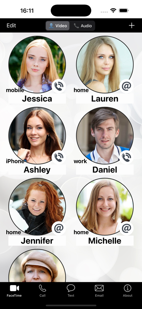 FaceDial PRO Photo Dialer - User interface of FaceDial PRO showing a grid of large circular contact photos with quick action icons for calling and emailing