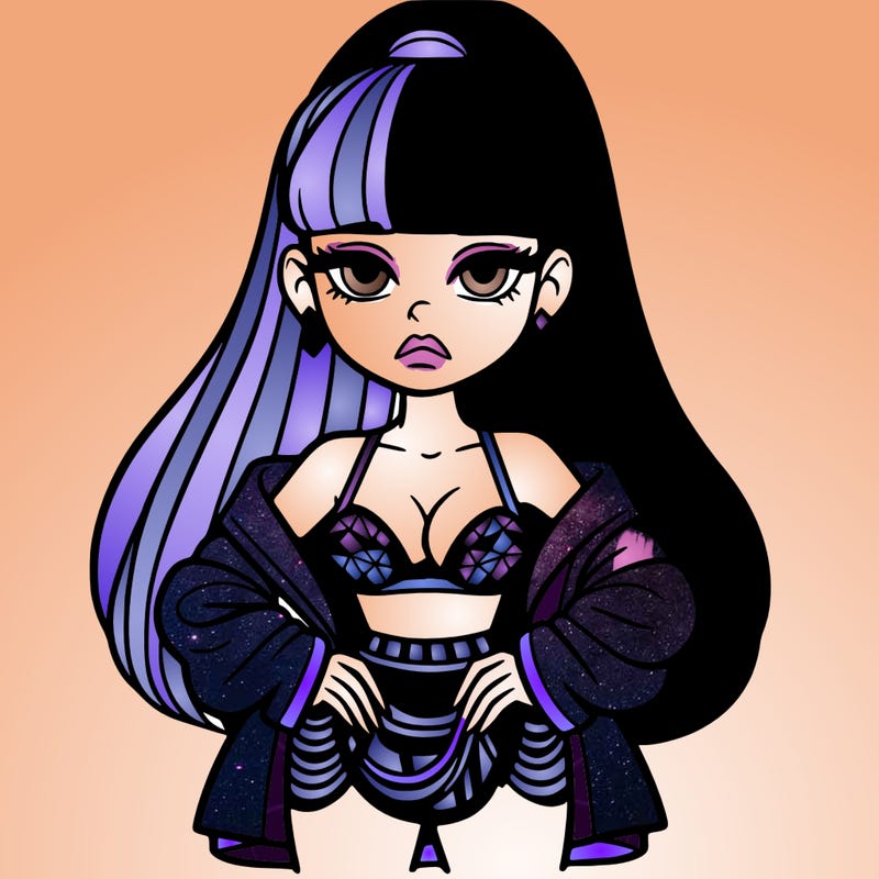 female popstar with an unimpressed face, with along ponytail with two colors and bangs, and wears a jacket with diamonds, black bra top and a long skirt over a short skirt