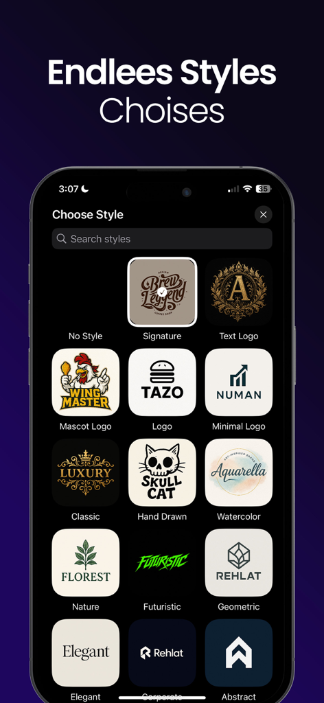 AI Logo Maker - Logi - A mobile interface showing various logo style options including mascot, minimal, hand drawn, and futuristic categories.