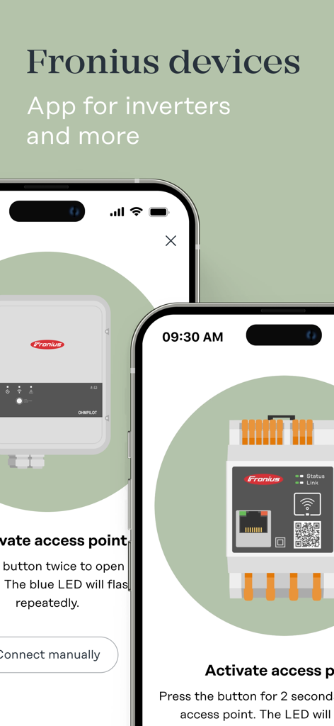 Interface of the Fronius Solar.start app showing step by step instructions for setting up solar inverters and devices
