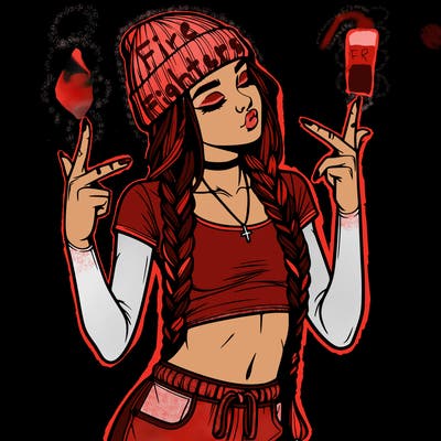 realistic teenage girl with braids and a beanie and crop top doing 🫶🏼