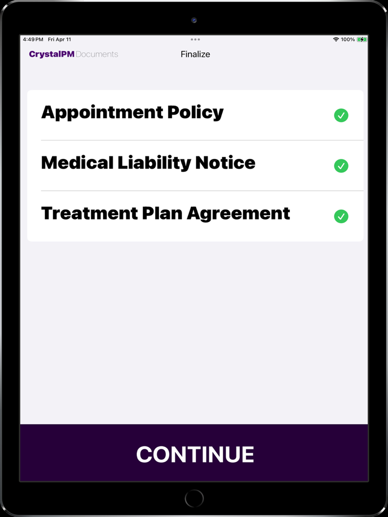 CrystalPM Signature Capture - CrystalPM app screen showing finalized medical documents with green checkmarks and a continue button