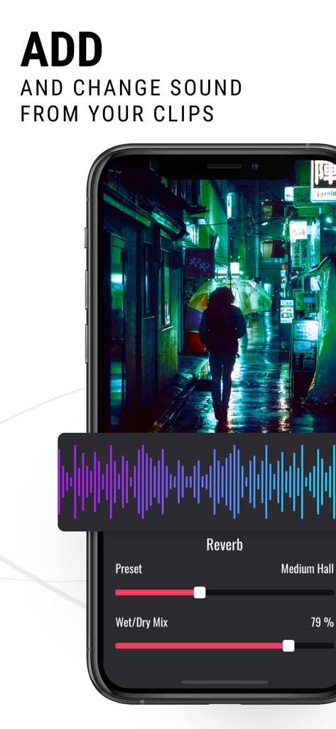 Edity-Audio & Music Editor Lab - iPhone screen showing audio extraction from a video clip with reverb effect controls