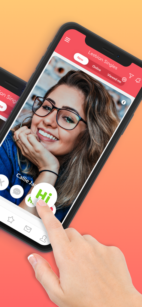 A hand interacting with a profile on the Lesbian Singles dating app