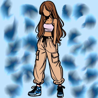 girl in baggy pants crop top and long hair