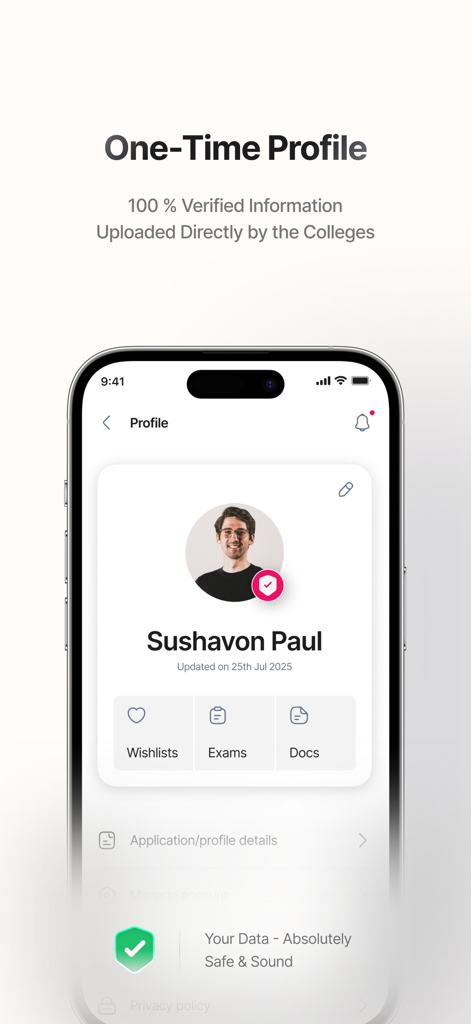 Appli - College Applications - Appliモバイルアプリの画面。希望リスト、試験、書類のセクションを含む学生プロフィールが表示されています。