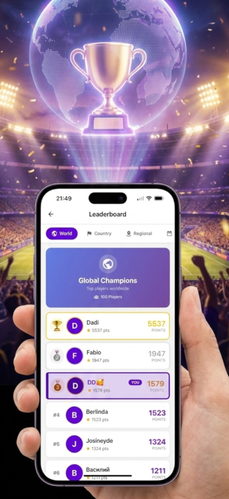 Tela de placar do myQuiz mostrando rankings globais de jogadores e pontuações de competição.