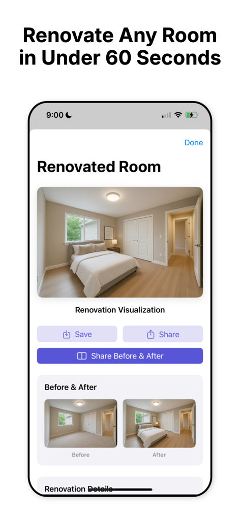 AI Remodel: Home Renovation - AI Remodel app interface showing a bedroom renovation visualization with before and after comparison