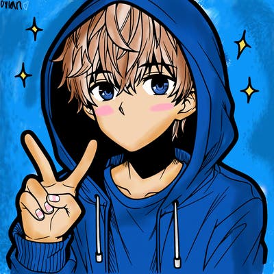 teenage manga boy in a hoodie, doing ✌