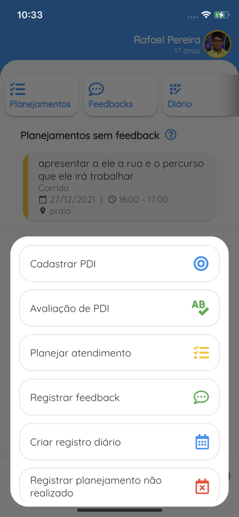 TiTa Therapy - Menu azioni nell'app TiTa Therapy per pianificare sessioni e registrare feedback.