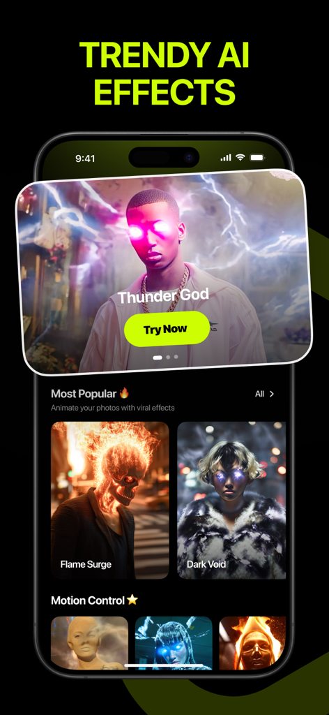 HG - AI Video Generator - Die Benutzeroberfläche der mobilen App zeigt trendige KI-Videoeffekte, darunter einen Blitz-Donnergott und flammende Skelettköpfe