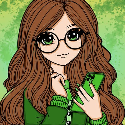 girl with long hair glasses with a phone in her hand realistic