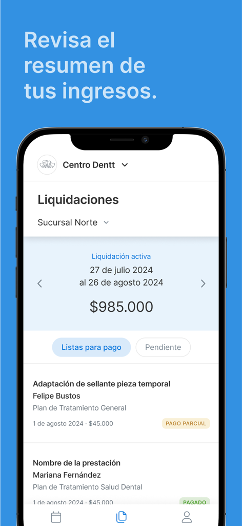 Healthatom: Dentalink Medilink - Résumé des revenus et des règlements pour les professionnels de la santé dans l'application Healthatom