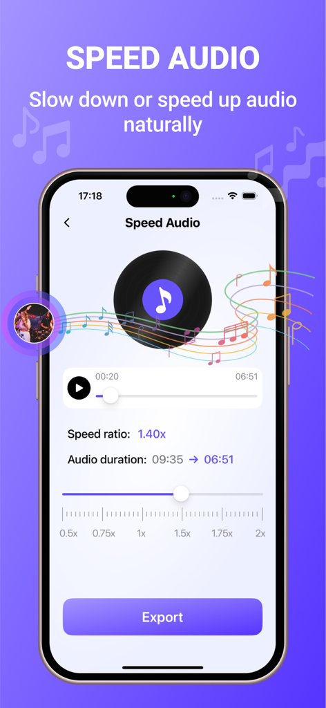 MP3 Converter: Audio Tools - Interface of the MP3 Converter app showing the feature to slow down or speed up audio files with a slider.
