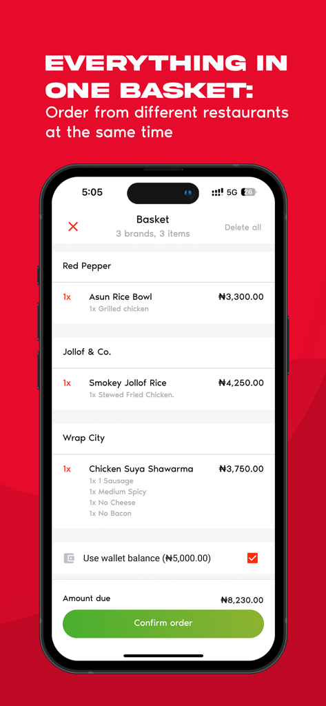 FoodCourt: Food Delivery+ - FoodCourt app basket showing an order from multiple restaurants