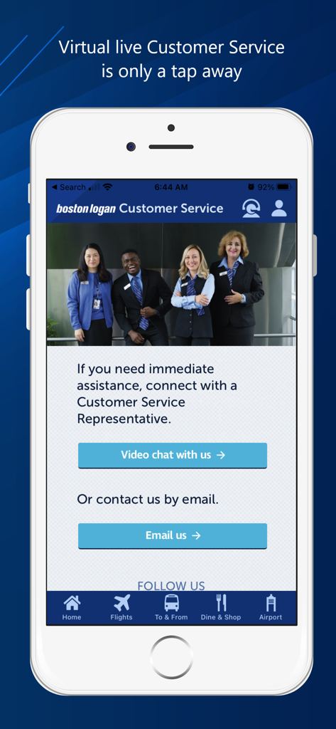 FlyLogan app screen showing virtual customer service options for video chat and email support