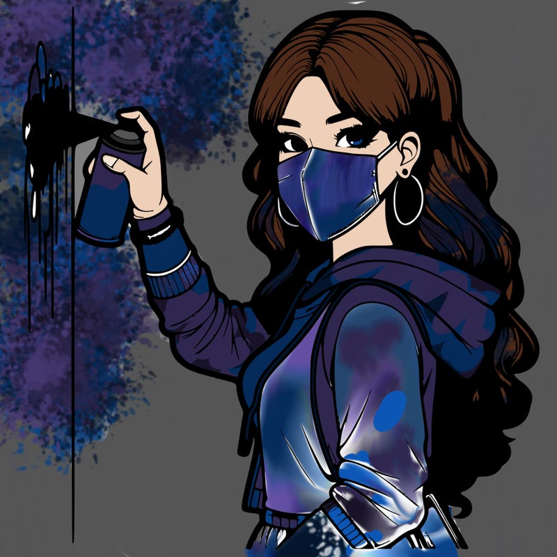 realistic girl with mask spray painting a wall