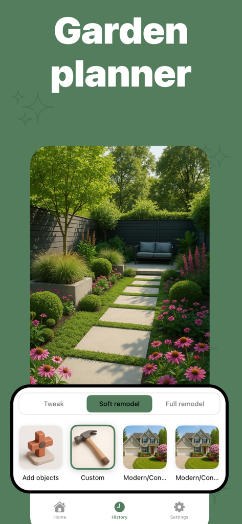 AI Garden Design: Yardly - Interfaz de la aplicación Yardly que muestra un jardín paisajístico con un camino de piedra y opciones de remodelación