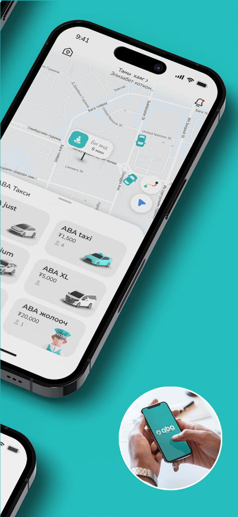 ABA Mongolia mobile app interface showing taxi service options and map location