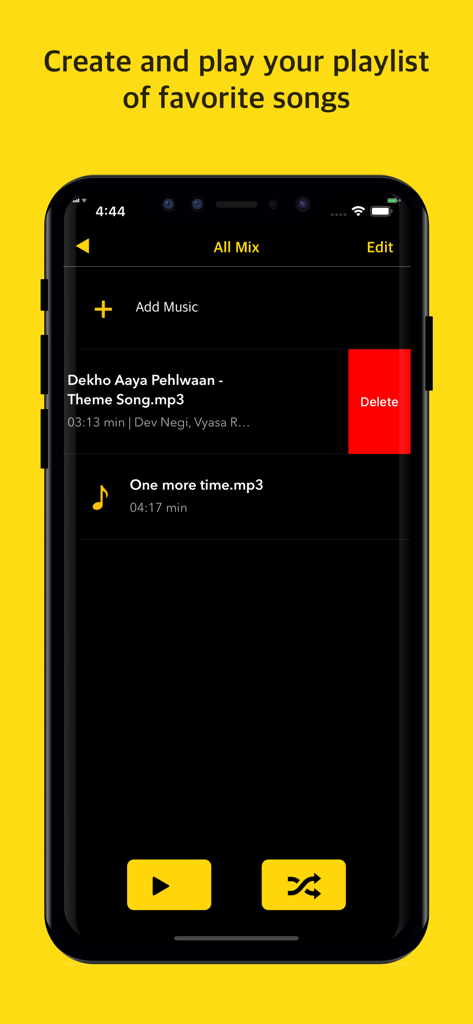 MusicMix - Play music offline - MusicMix app interface showing an offline music playlist with options to add, play, shuffle, and delete songs