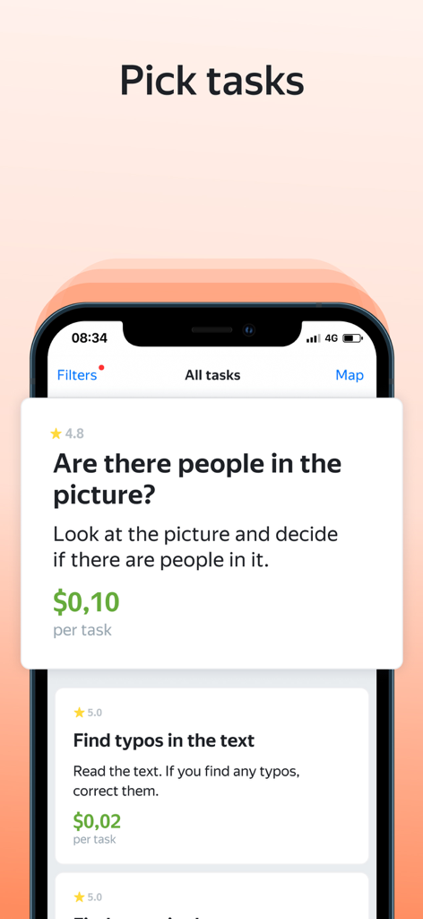 Toloka: Earn online - A mobile screen from the Toloka app displaying available micro-tasks with their payout amounts.