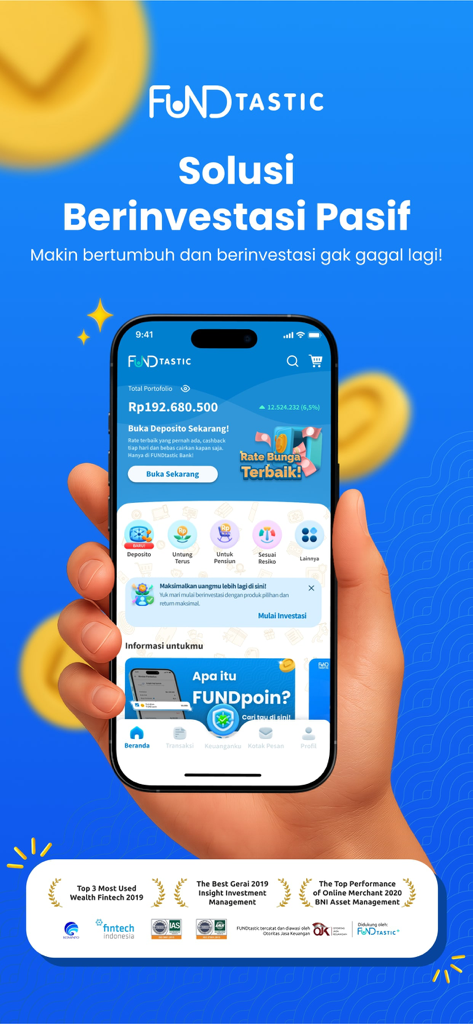 FUNDtastic - Un smartphone mostrando el panel de la aplicación FUNDtastic destacando soluciones de inversión pasiva y el balance de la cartera