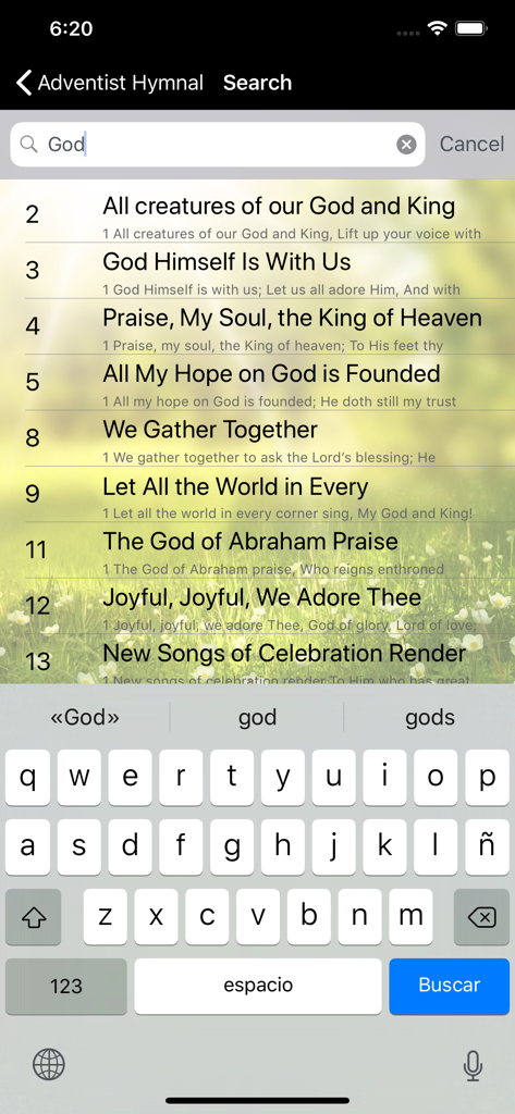 Adventist hymnal - Search screen of the Adventist Hymnal mobile app displaying a list of hymns related to the word God