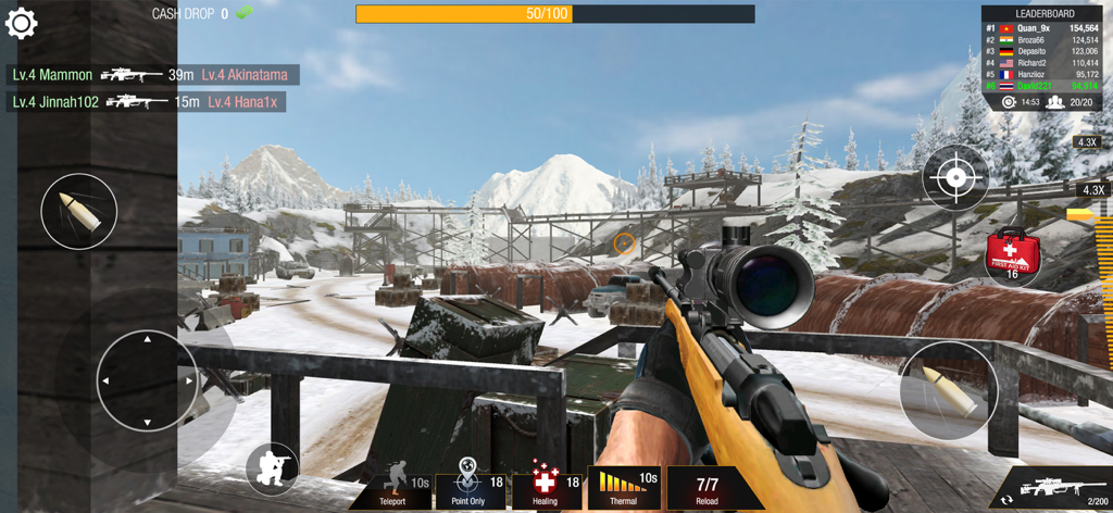 First person view of a sniper rifle in a snowy military arena with game interface