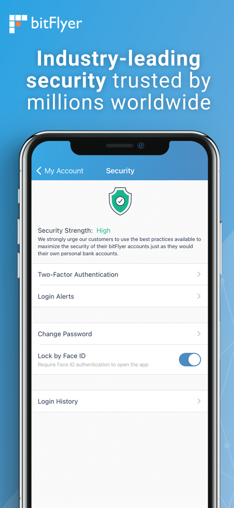 Pantalla de configuración de seguridad de la aplicación móvil bitFlyer resaltando la autenticación de dos factores y las funciones de inicio de sesión con Face ID