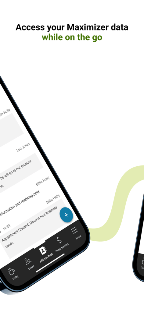 Interface de l'application mobile Maximizer CRM montrant l'accès aux données en déplacement