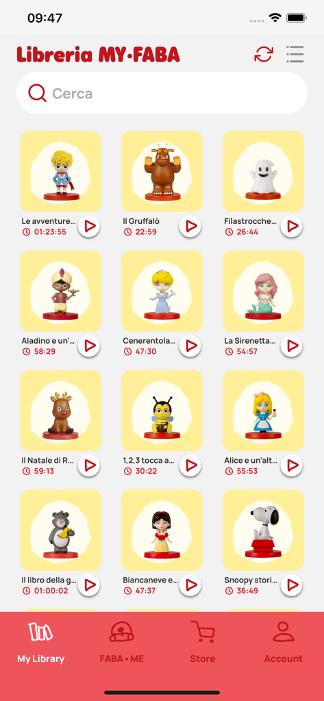 The MyFaba app library screen displaying a grid of story figurines and their audio durations