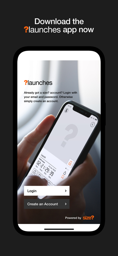 size? launches 스니커즈 추첨 앱의 로그인 및 계정 생성 화면.