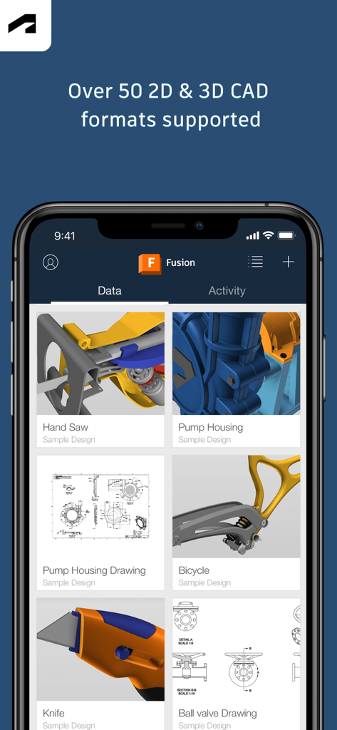Autodesk Fusion mobile app interface showing a gallery of 2D and 3D CAD design projects