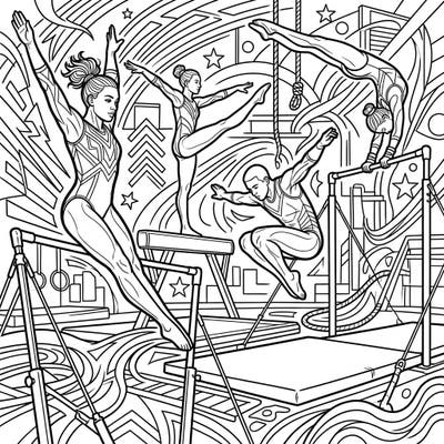 Experience the grace and power of collegiate gymnastics with this exciting coloring page. Perfect for sports enthusiasts and those who appreciate athletic artistry, it offers a challenging and rewarding coloring experience.