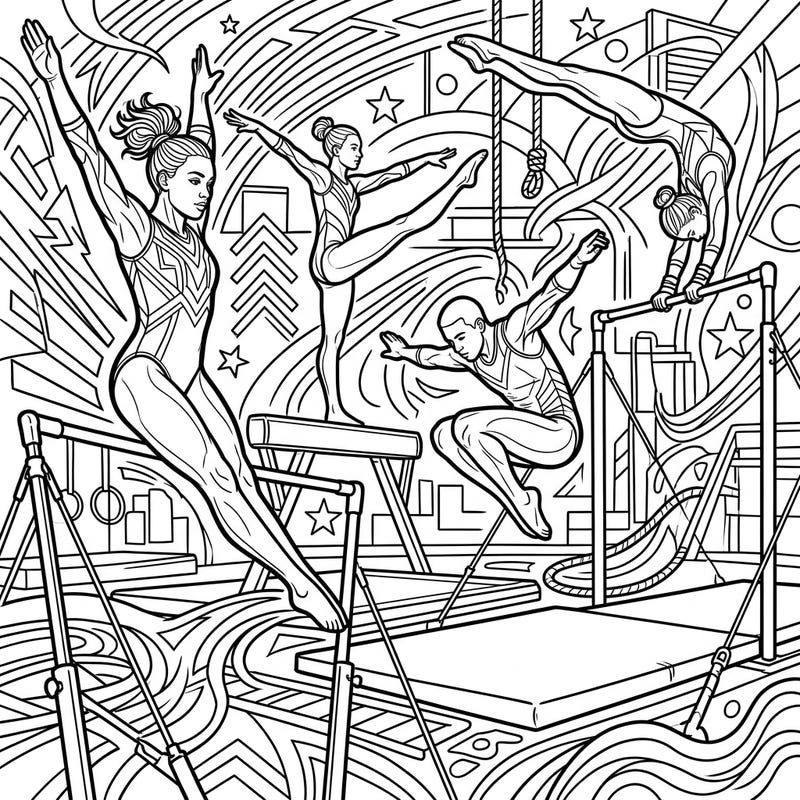Experience the grace and power of collegiate gymnastics with this exciting coloring page. Perfect for sports enthusiasts and those who appreciate athletic artistry, it offers a challenging and rewarding coloring experience.
