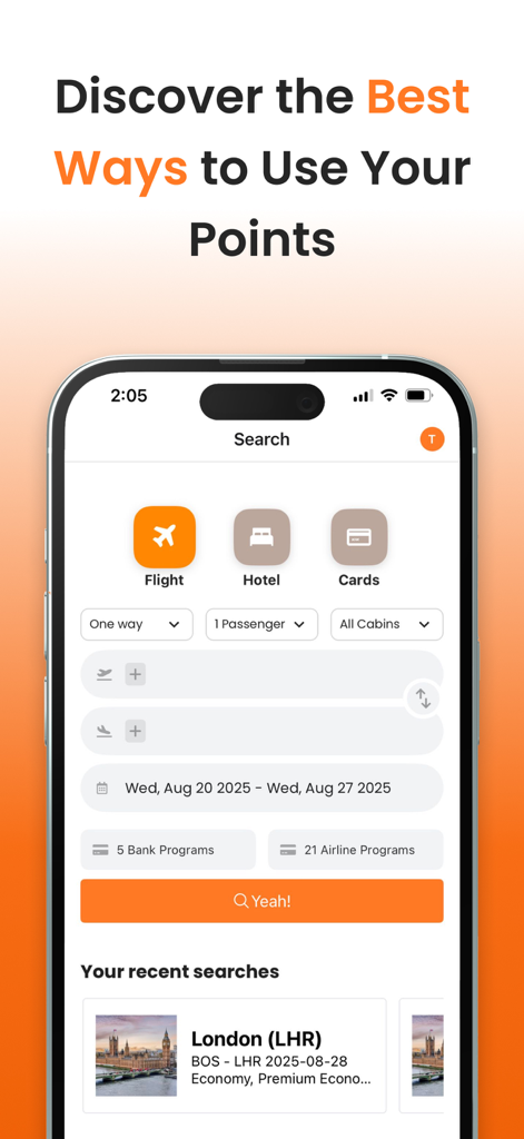 PointsYeah - Tela de pesquisa do aplicativo móvel PointsYeah para encontrar voos com prêmios e hotéis usando pontos e milhas