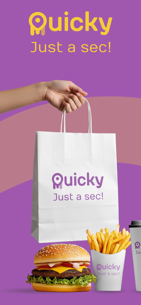 Branding do aplicativo de entrega Quicky Services apresentando uma mão segurando uma sacola de papel com a marca ao lado de um hambúrguer e batatas fritas