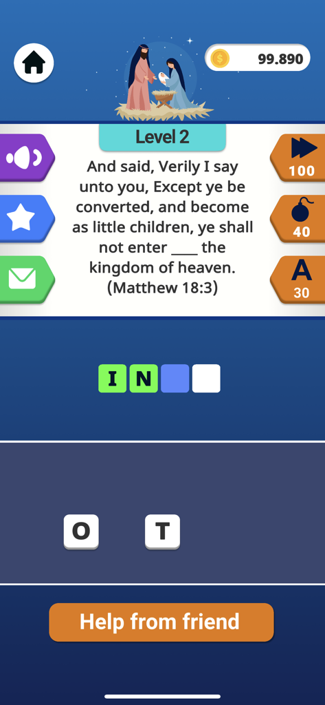 Bible Word Puzzle Games - Gameplay screen of a Bible word puzzle game featuring a verse from Matthew with a fill in the blank challenge