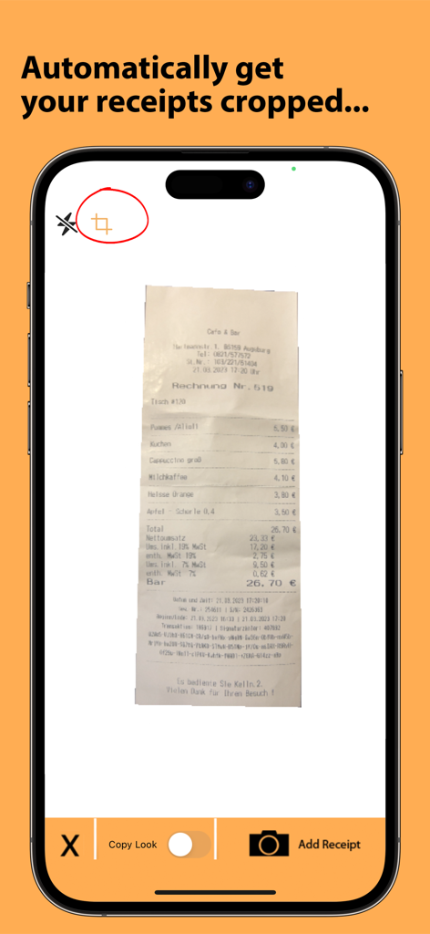 ABUKAI Expense Reports Receipt - ABUKAI app showing automatic receipt cropping for expense reports