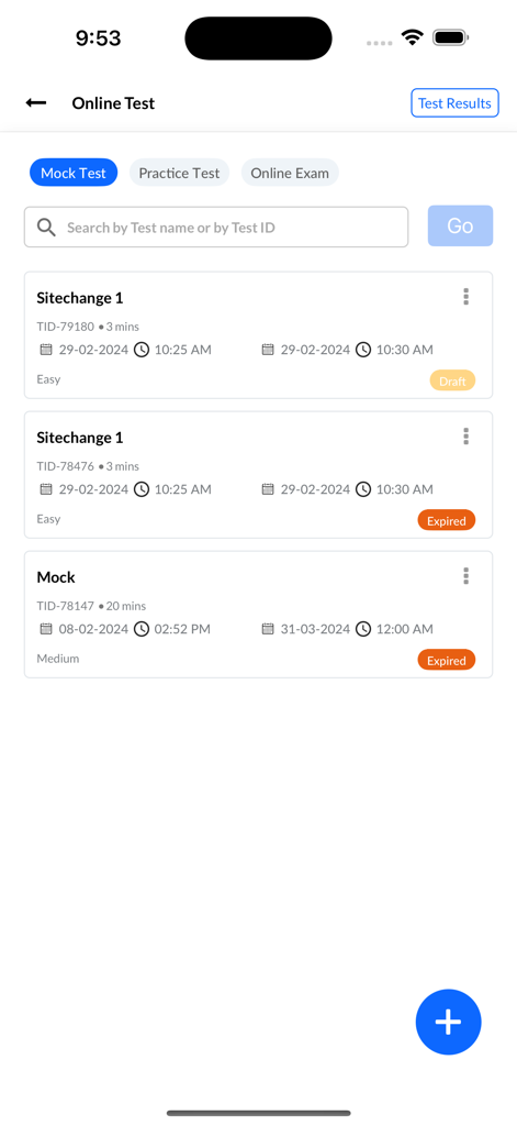Proctur-Class Management App - Proctur app interface showing the online test dashboard with options for mock tests practice tests and scheduled exams
